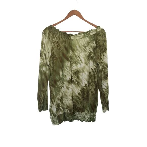 Dressbarn Boho Women Top Olive Green Tie Dye , elastic around neck - Size L - Picture 2 of 4